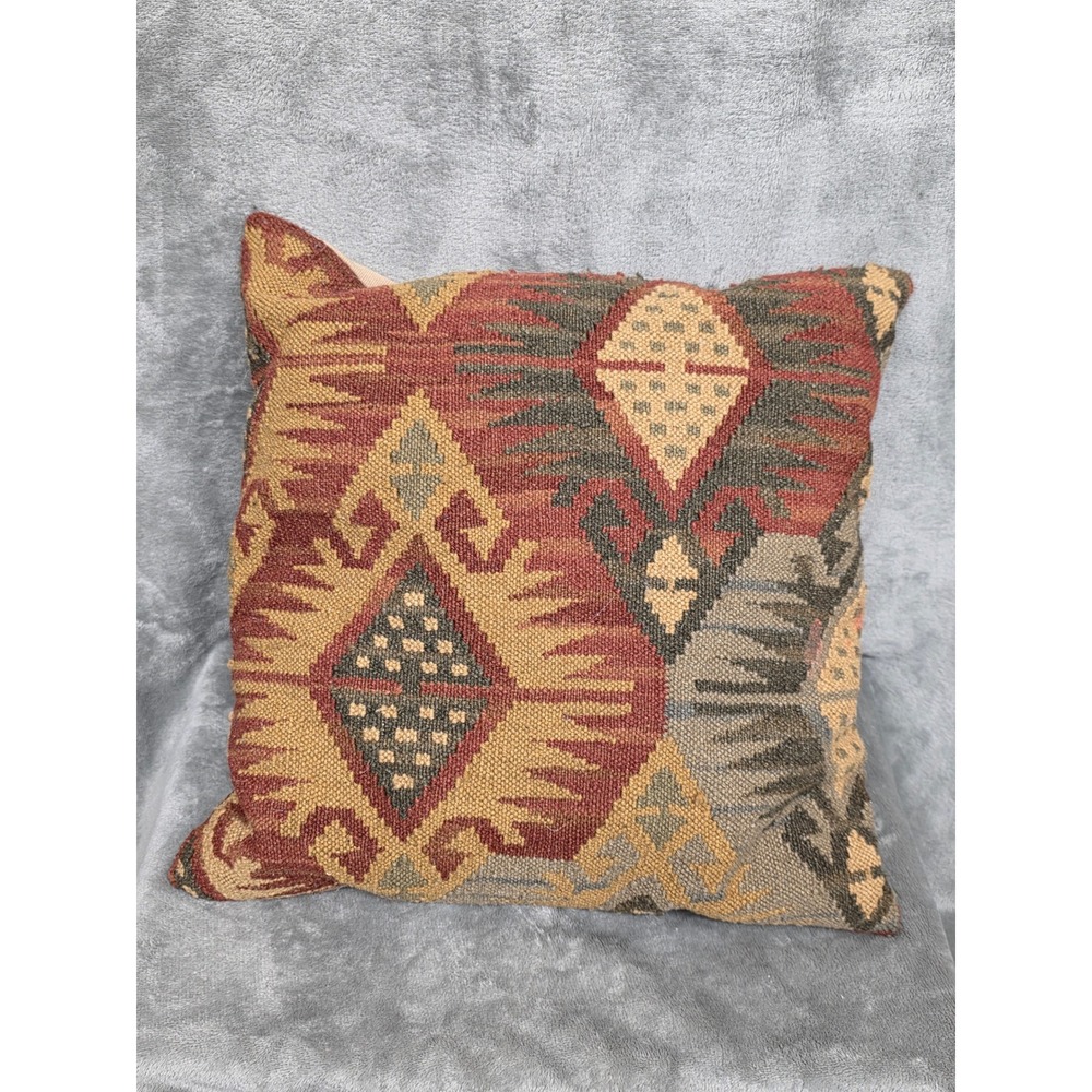 Pottery Barn Kilim Wool Blend Pillow Cover 18x18 Geometric Tribal Earth Tones
